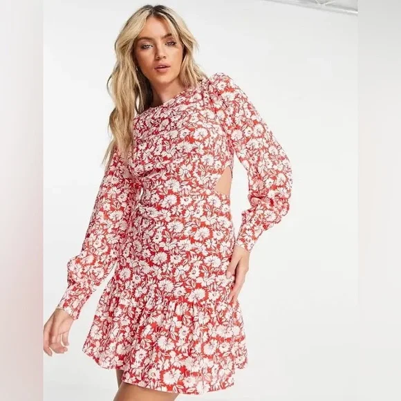 Topshop Womens Red Floral Cut Out Side Long Sleeve Mini Dress Size 6